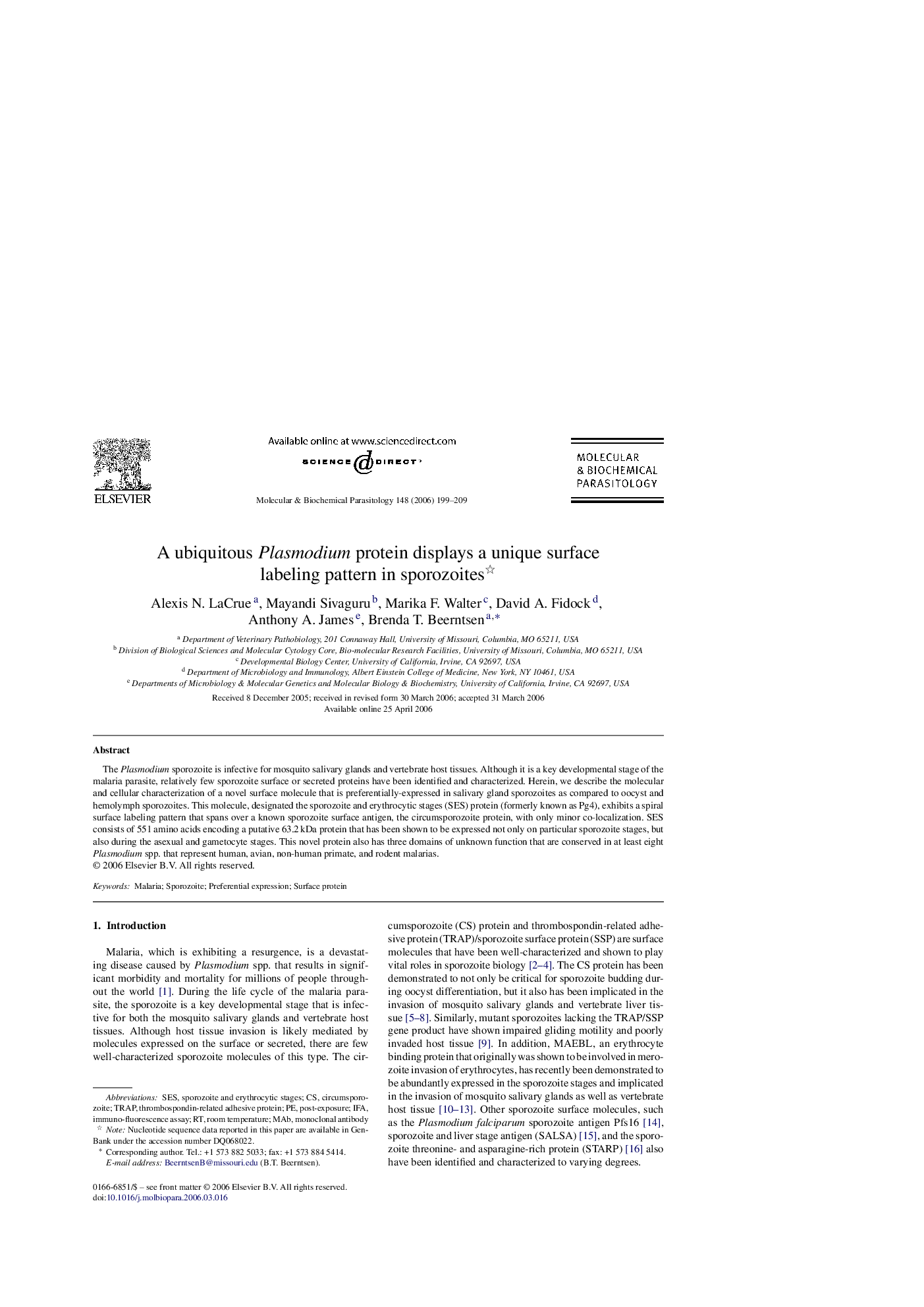 A ubiquitous Plasmodium protein displays a unique surface labeling pattern in sporozoites 