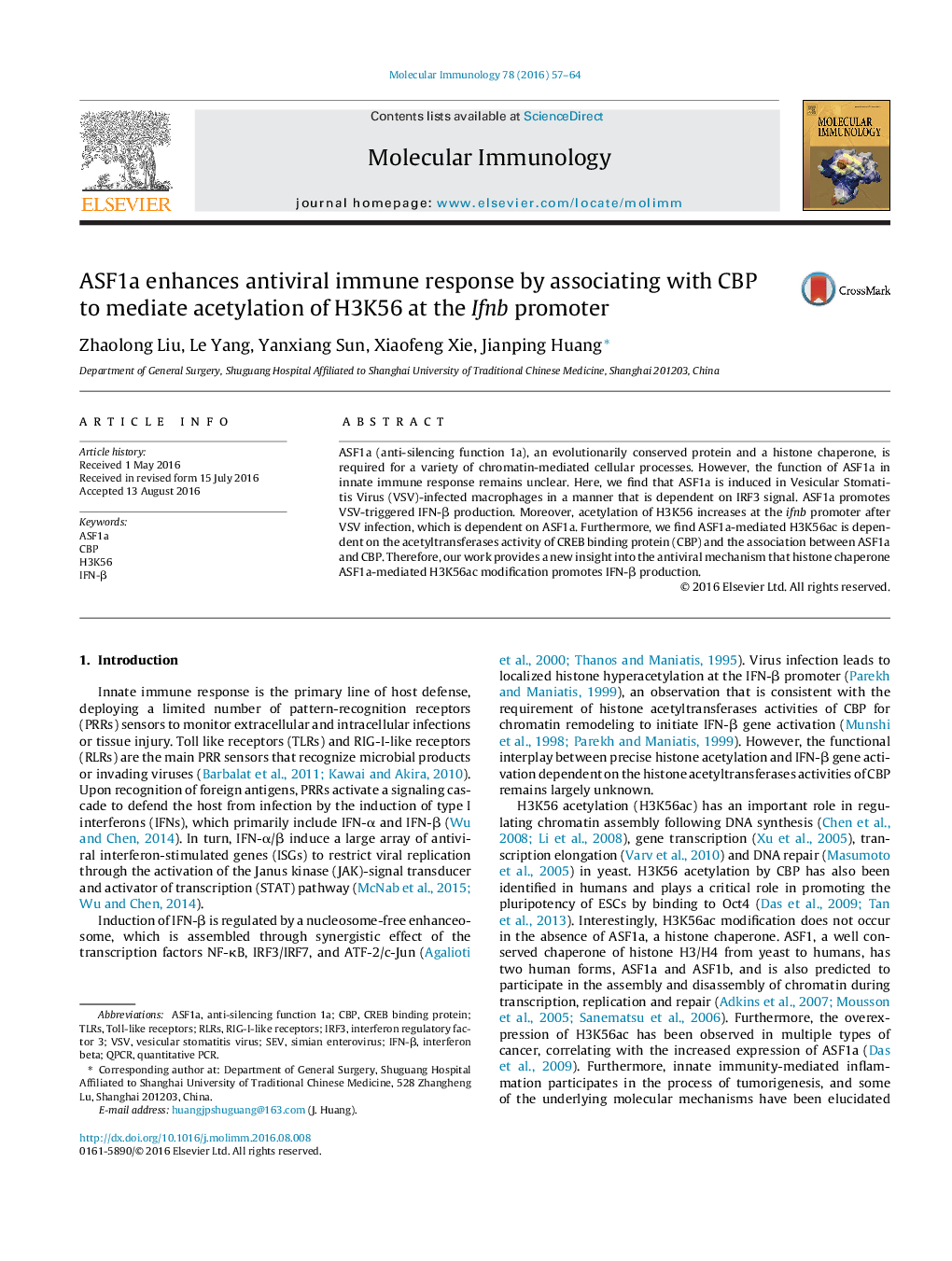 ASF1a enhances antiviral immune response by associating with CBP to mediate acetylation of H3K56 at the Ifnb promoter