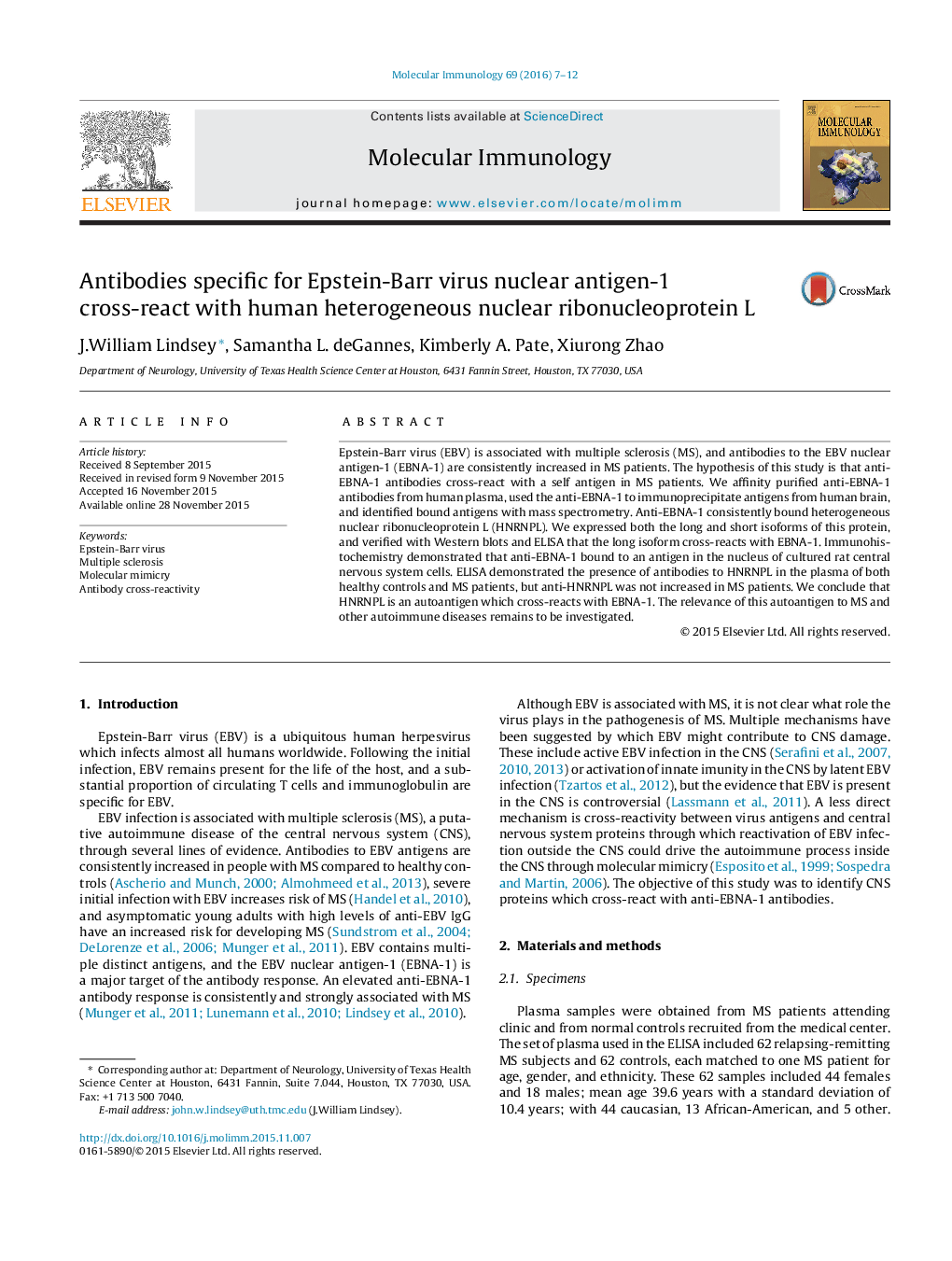 Antibodies specific for Epstein-Barr virus nuclear antigen-1 cross-react with human heterogeneous nuclear ribonucleoprotein L