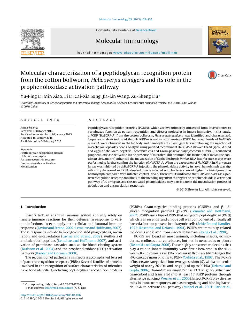 Molecular characterization of a peptidoglycan recognition protein from the cotton bollworm, Helicoverpa armigera and its role in the prophenoloxidase activation pathway