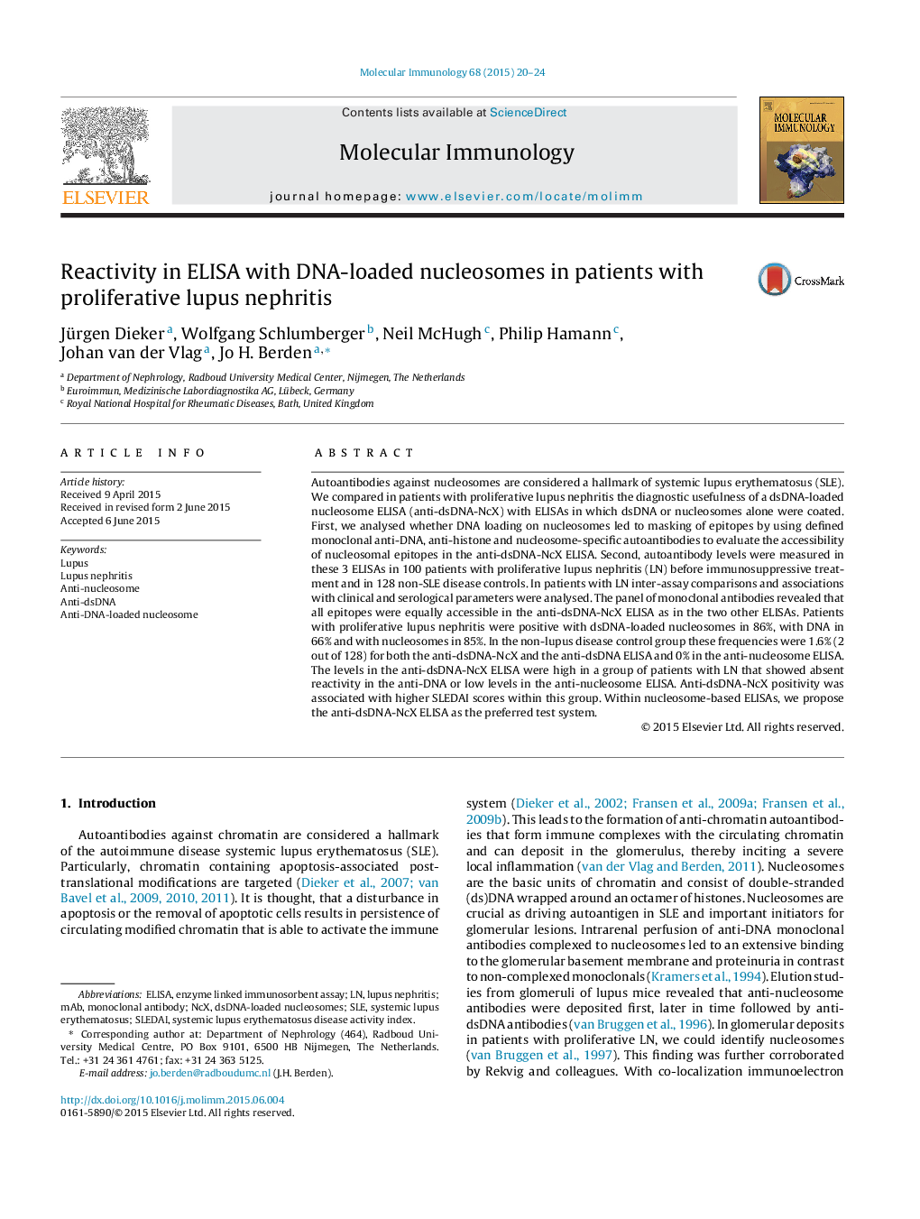 Reactivity in ELISA with DNA-loaded nucleosomes in patients with proliferative lupus nephritis