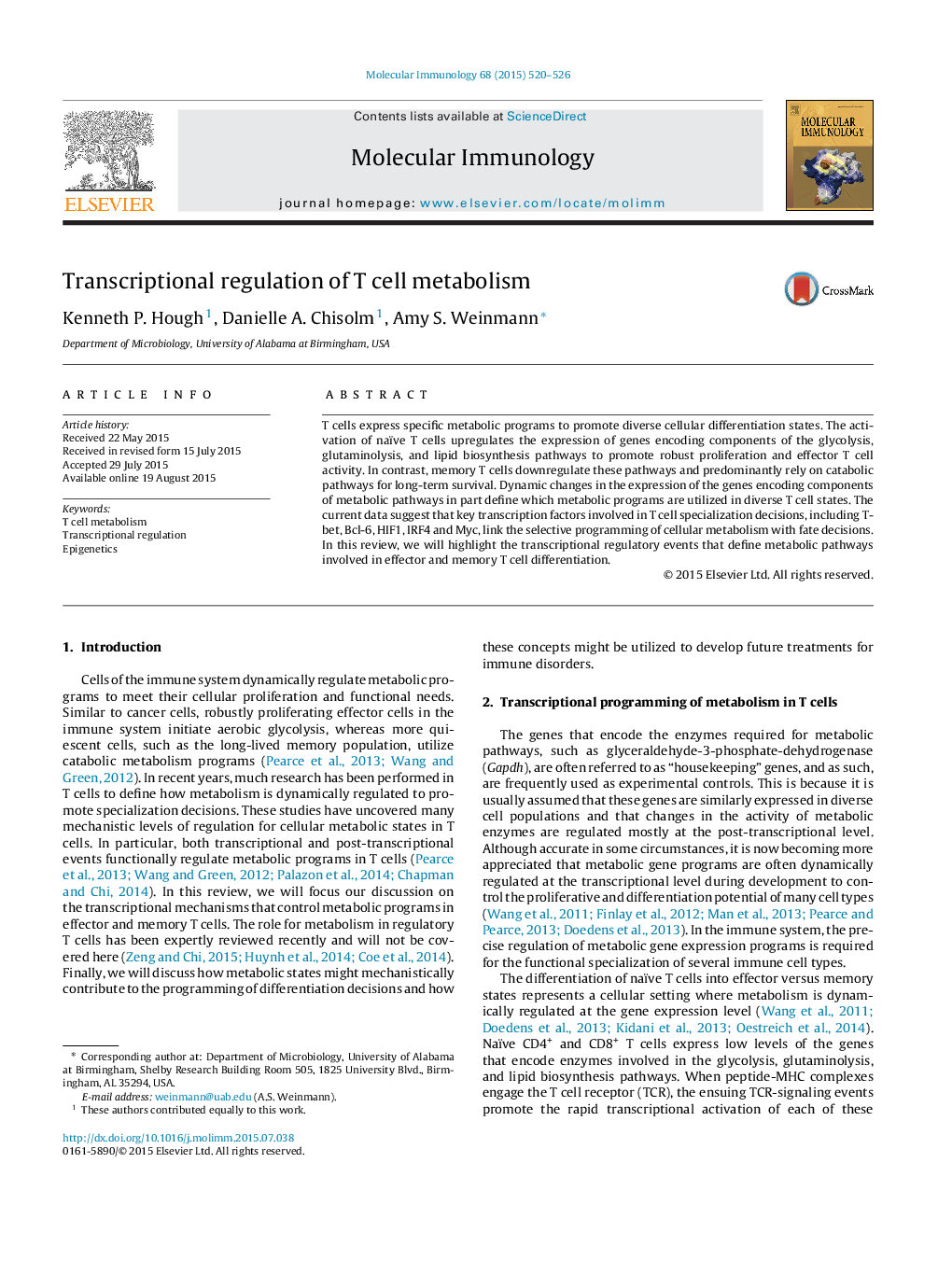 Transcriptional regulation of T cell metabolism