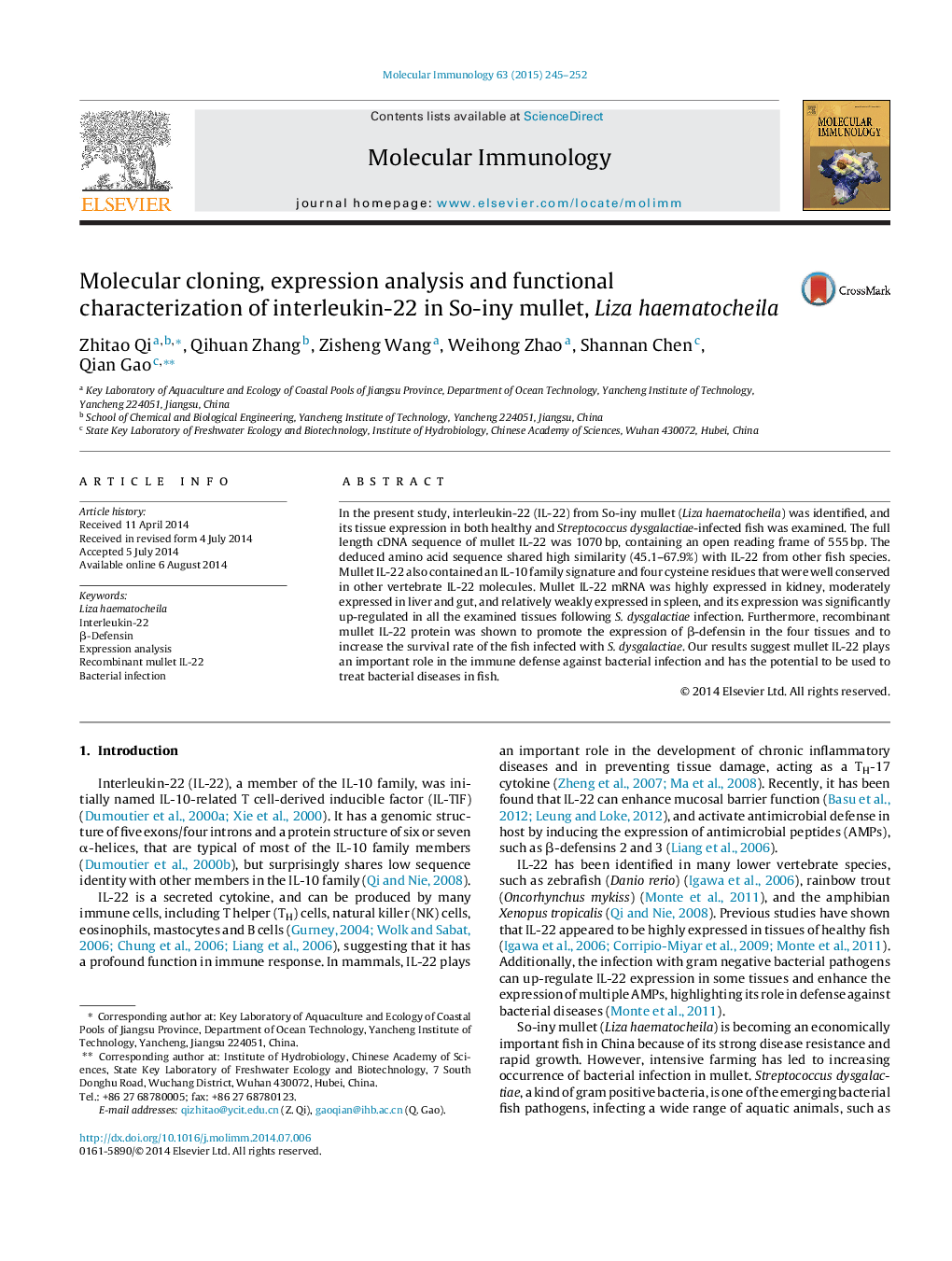 Molecular cloning, expression analysis and functional characterization of interleukin-22 in So-iny mullet, Liza haematocheila