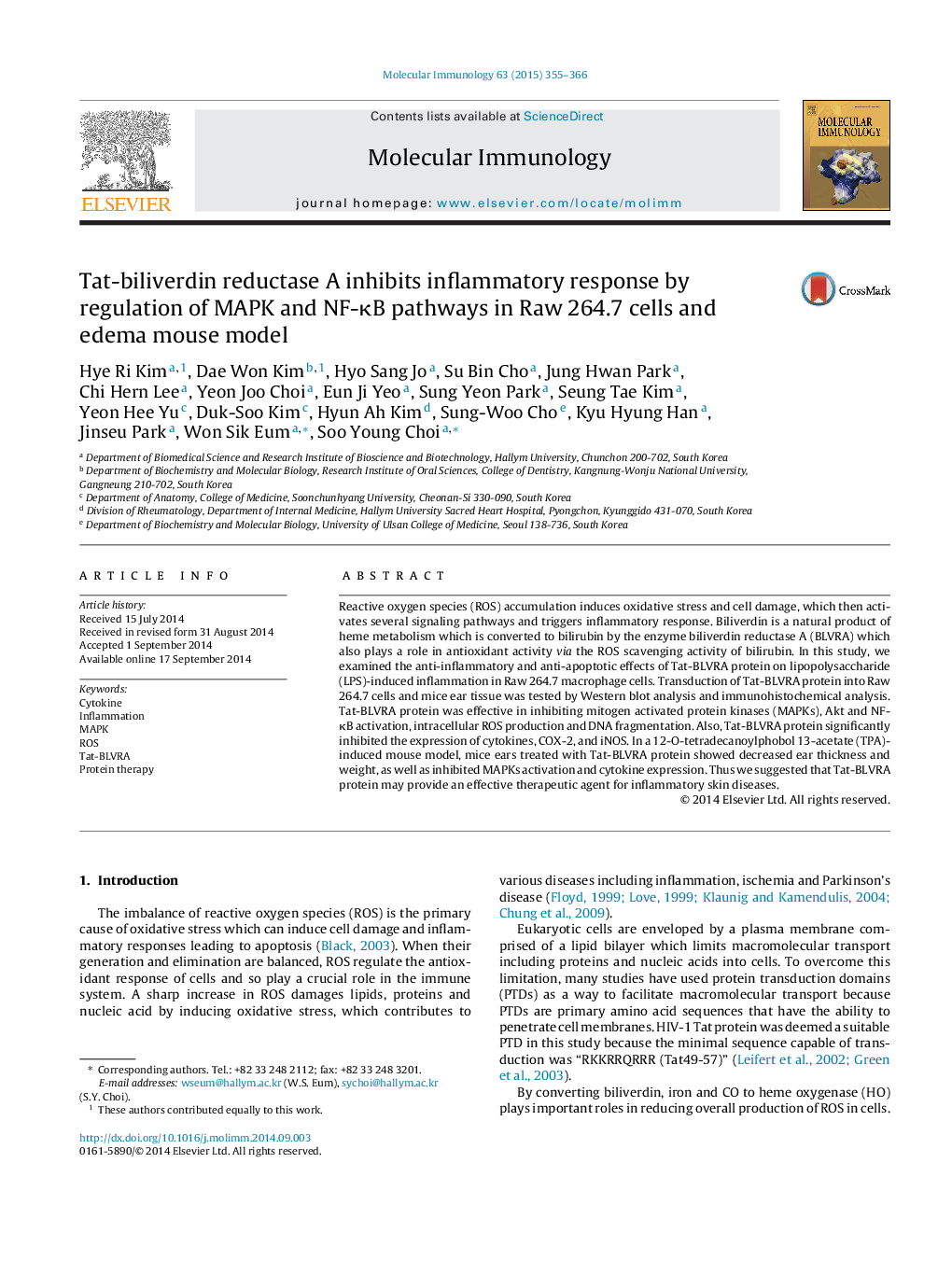 Tat-biliverdin reductase A inhibits inflammatory response by regulation of MAPK and NF-κB pathways in Raw 264.7 cells and edema mouse model