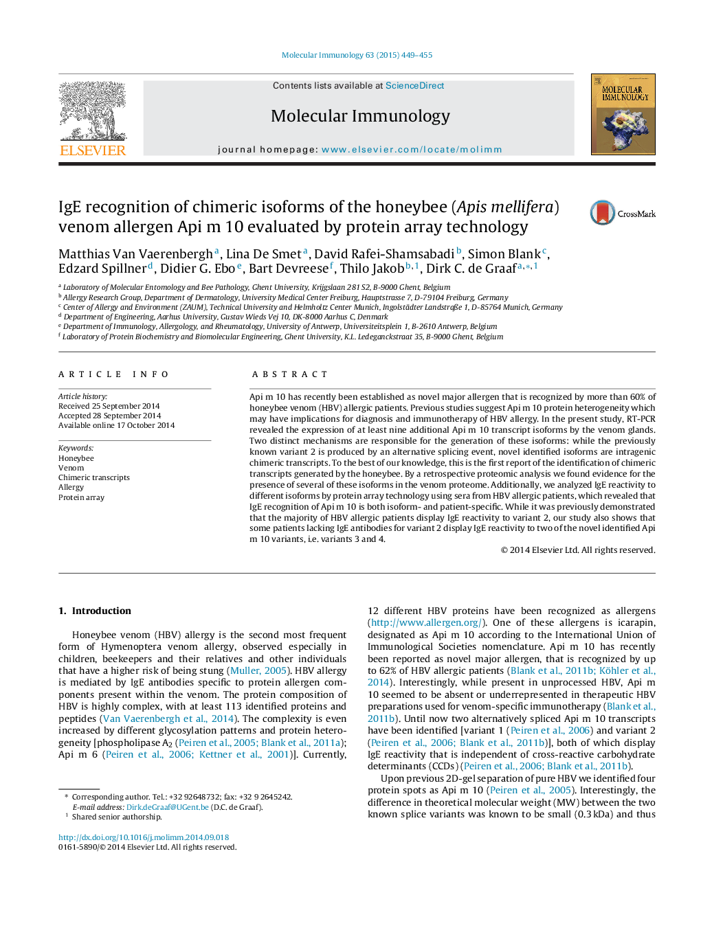 IgE recognition of chimeric isoforms of the honeybee (Apis mellifera) venom allergen Api m 10 evaluated by protein array technology