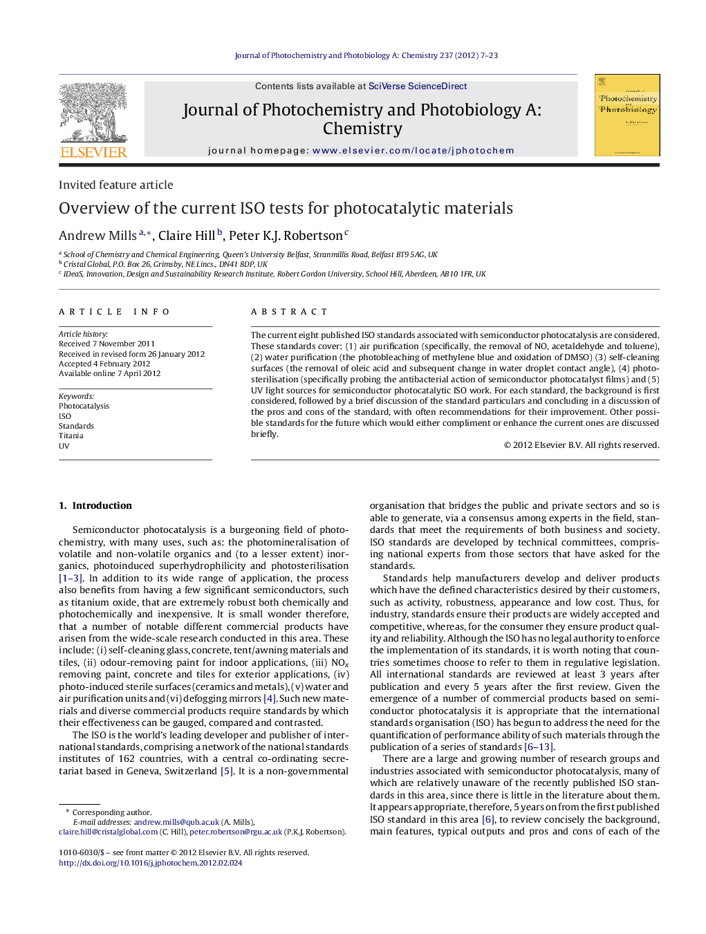 Overview of the current ISO tests for photocatalytic materials