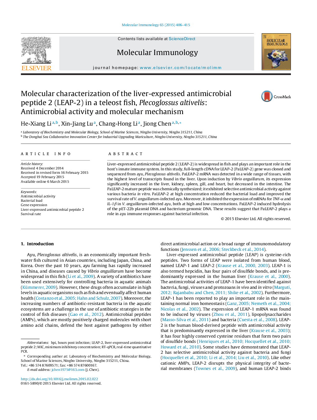 Molecular characterization of the liver-expressed antimicrobial peptide 2 (LEAP-2) in a teleost fish, Plecoglossus altivelis: Antimicrobial activity and molecular mechanism