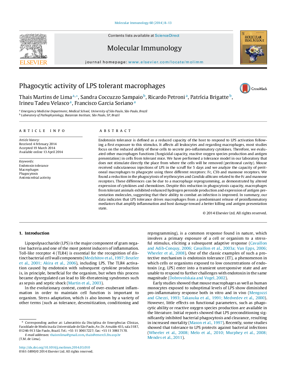 Phagocytic activity of LPS tolerant macrophages