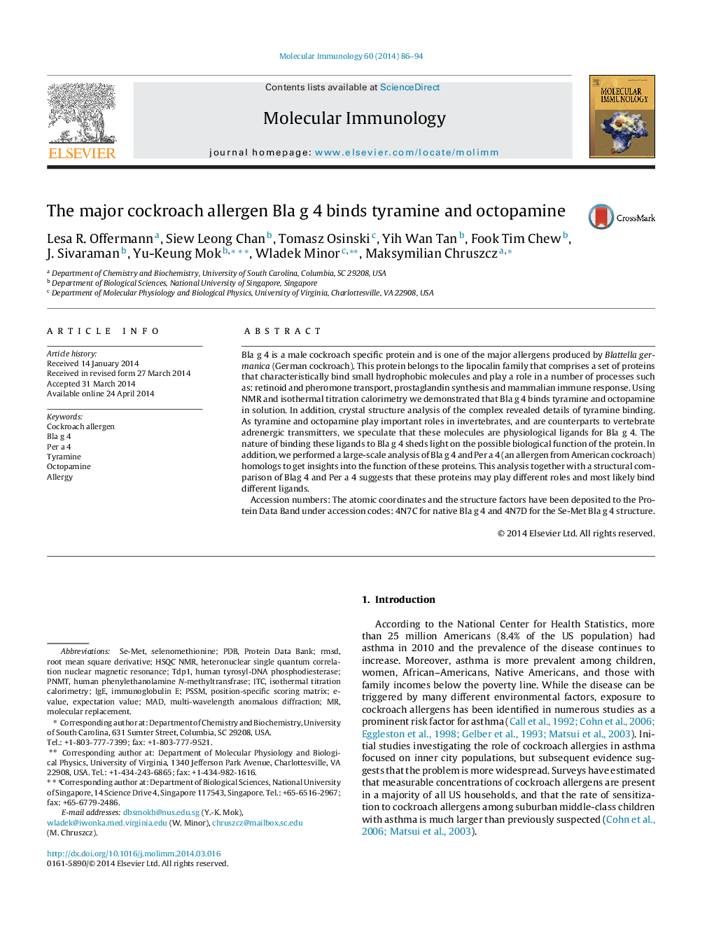 The major cockroach allergen Bla g 4 binds tyramine and octopamine