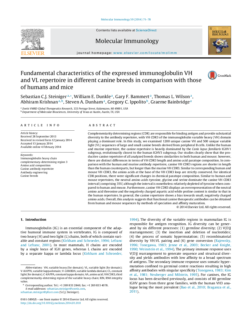 Fundamental characteristics of the expressed immunoglobulin VH and VL repertoire in different canine breeds in comparison with those of humans and mice