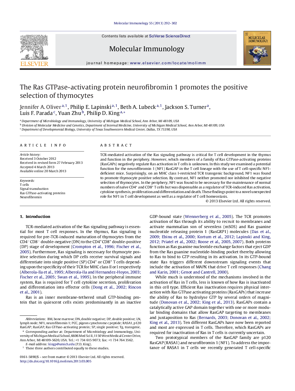 The Ras GTPase-activating protein neurofibromin 1 promotes the positive selection of thymocytes