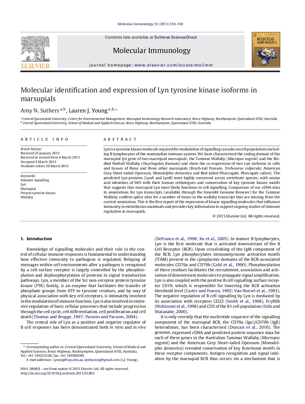 Molecular identification and expression of Lyn tyrosine kinase isoforms in marsupials