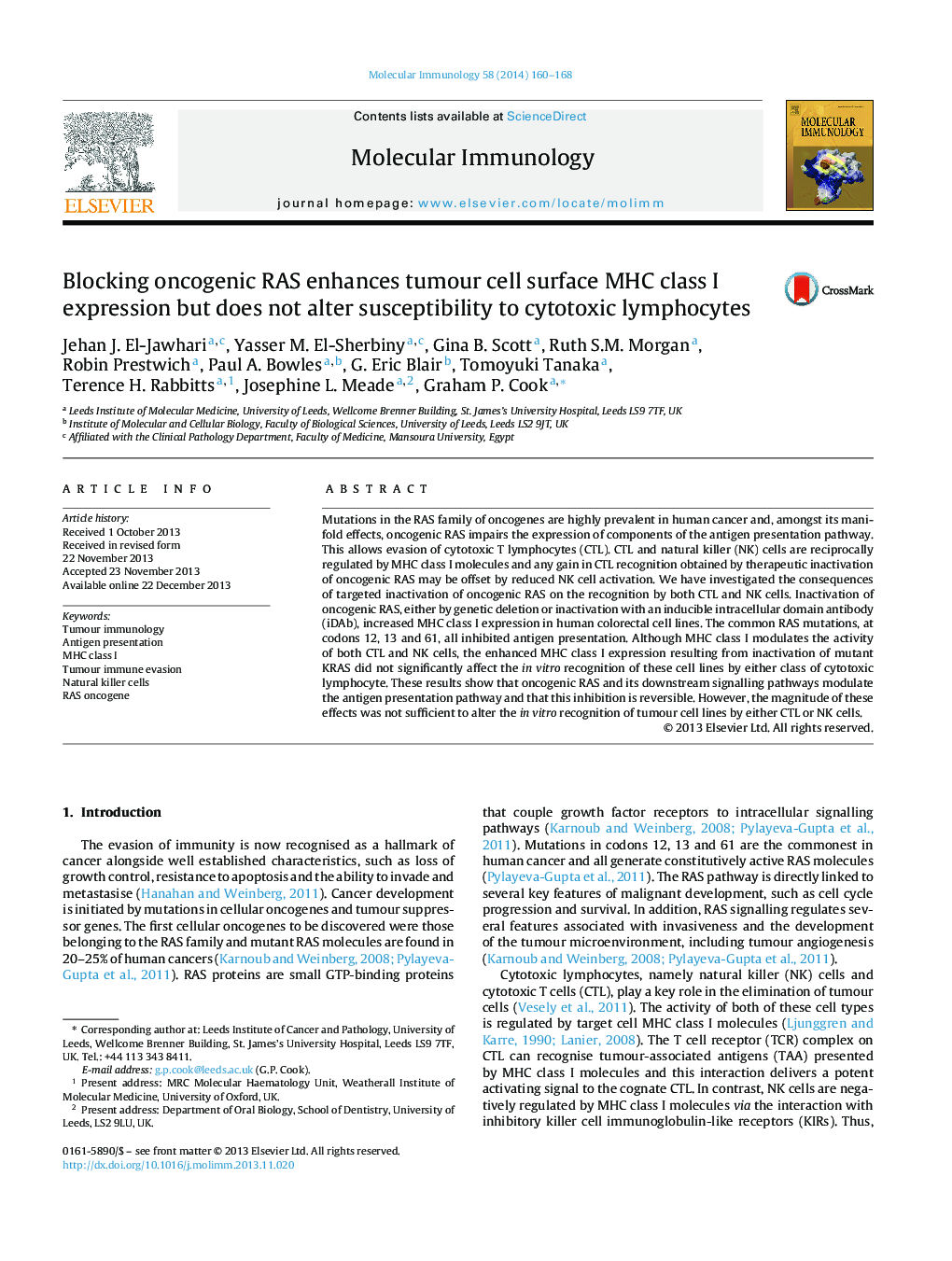 Blocking oncogenic RAS enhances tumour cell surface MHC class I expression but does not alter susceptibility to cytotoxic lymphocytes