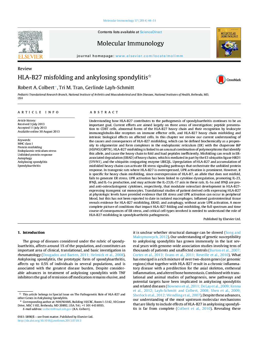 HLA-B27 misfolding and ankylosing spondylitis 