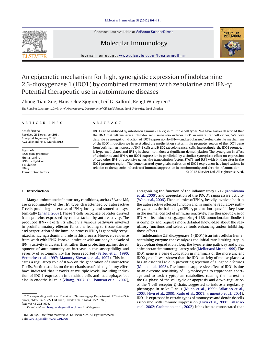 An epigenetic mechanism for high, synergistic expression of indoleamine 2,3-dioxygenase 1 (IDO1) by combined treatment with zebularine and IFN-γ: Potential therapeutic use in autoimmune diseases