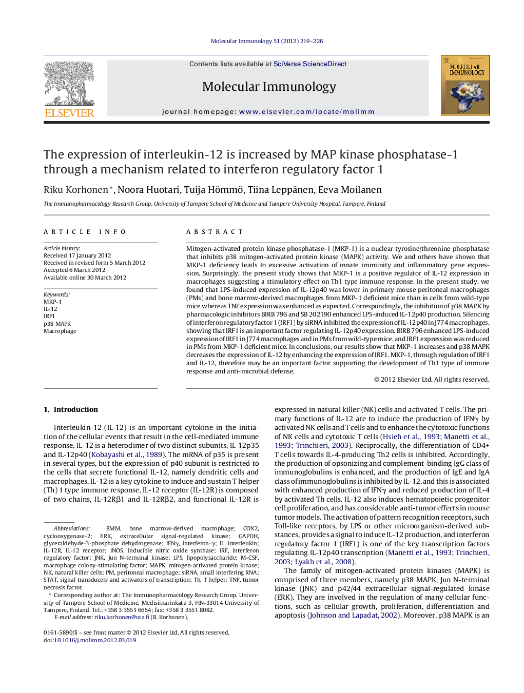 The expression of interleukin-12 is increased by MAP kinase phosphatase-1 through a mechanism related to interferon regulatory factor 1