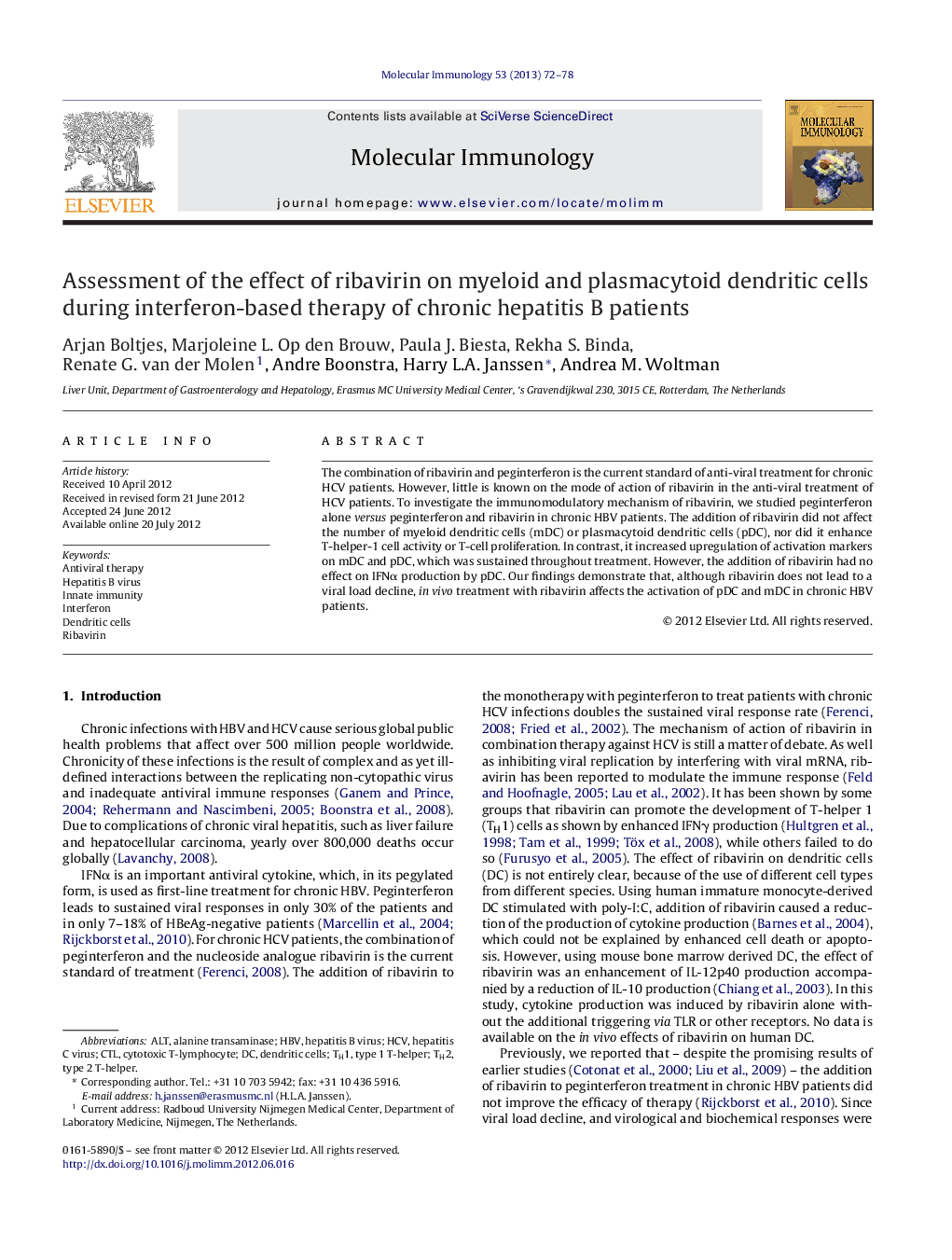 Assessment of the effect of ribavirin on myeloid and plasmacytoid dendritic cells during interferon-based therapy of chronic hepatitis B patients