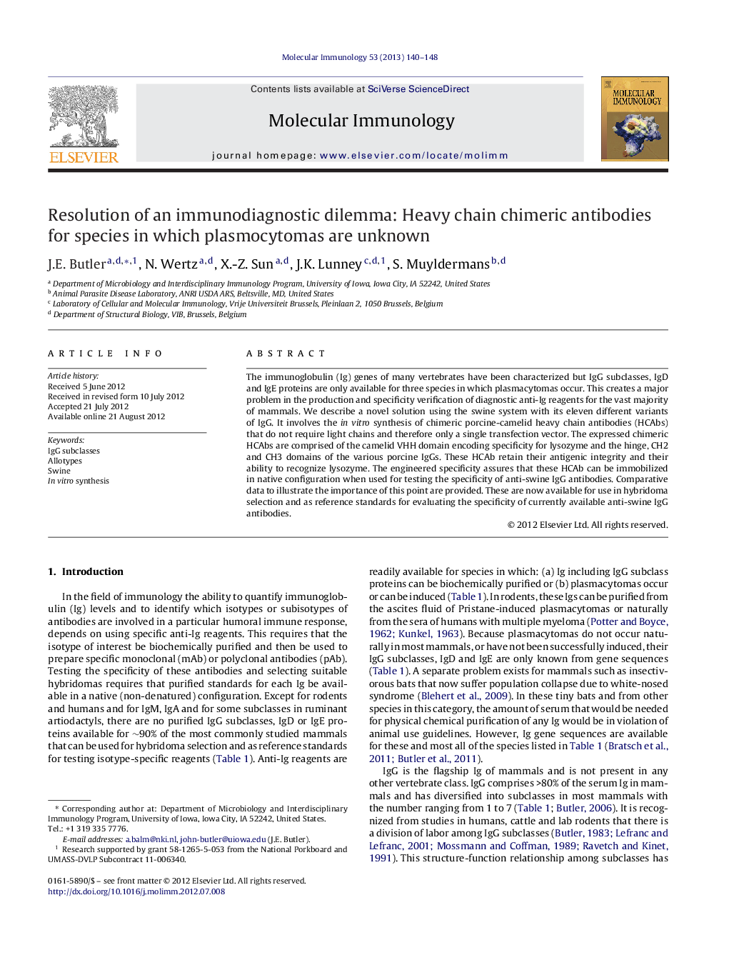 Resolution of an immunodiagnostic dilemma: Heavy chain chimeric antibodies for species in which plasmocytomas are unknown