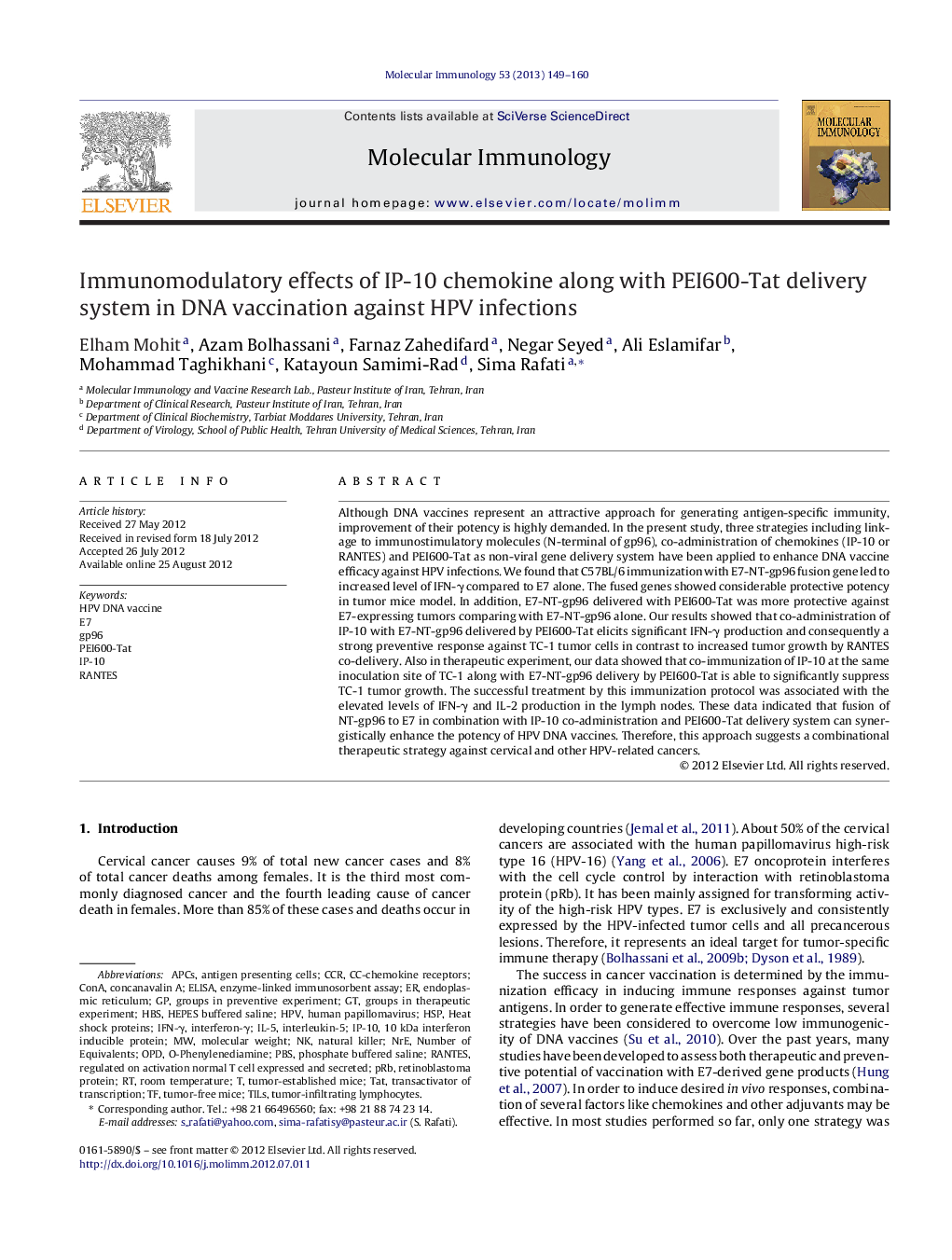 Immunomodulatory effects of IP-10 chemokine along with PEI600-Tat delivery system in DNA vaccination against HPV infections