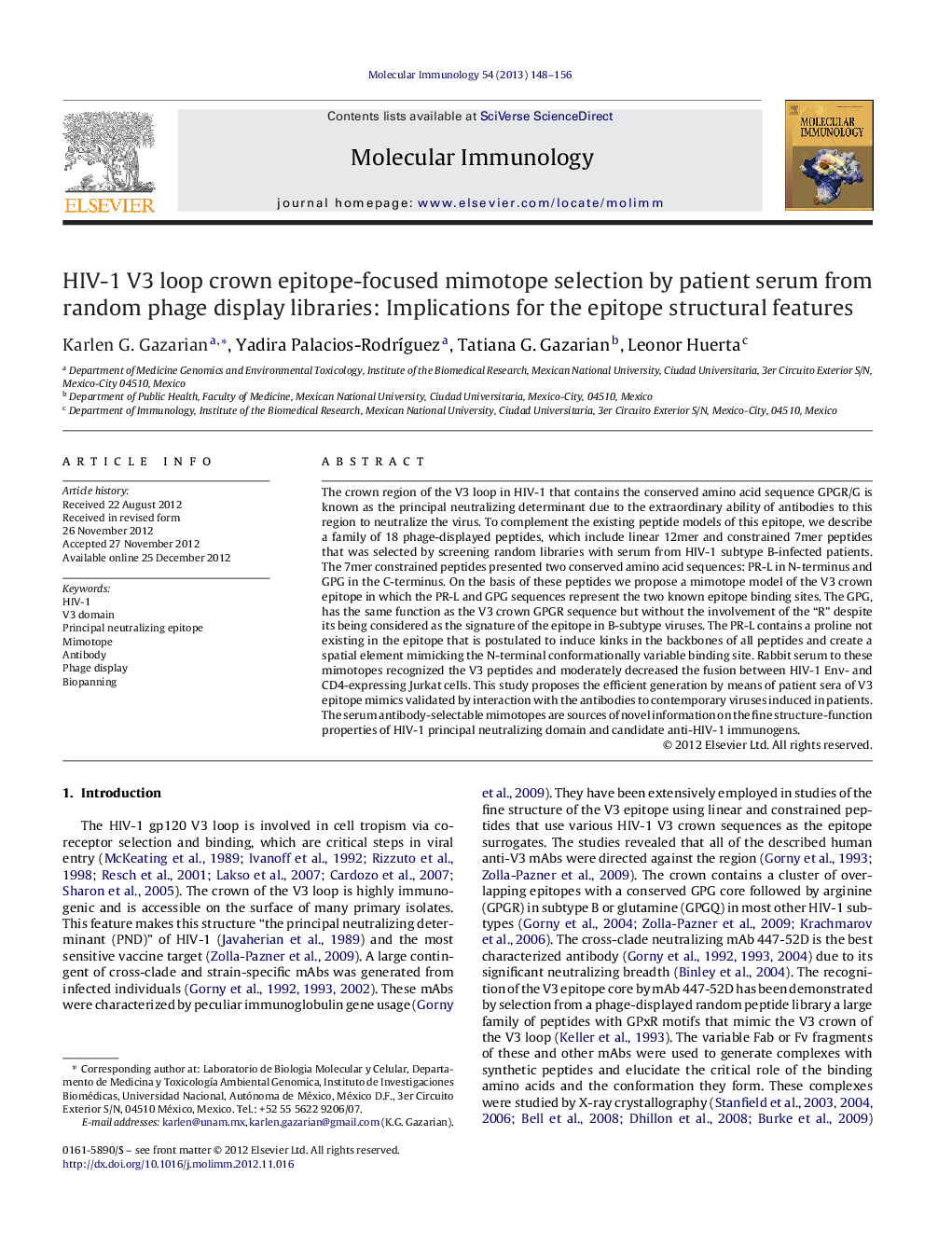 HIV-1 V3 loop crown epitope-focused mimotope selection by patient serum from random phage display libraries: Implications for the epitope structural features