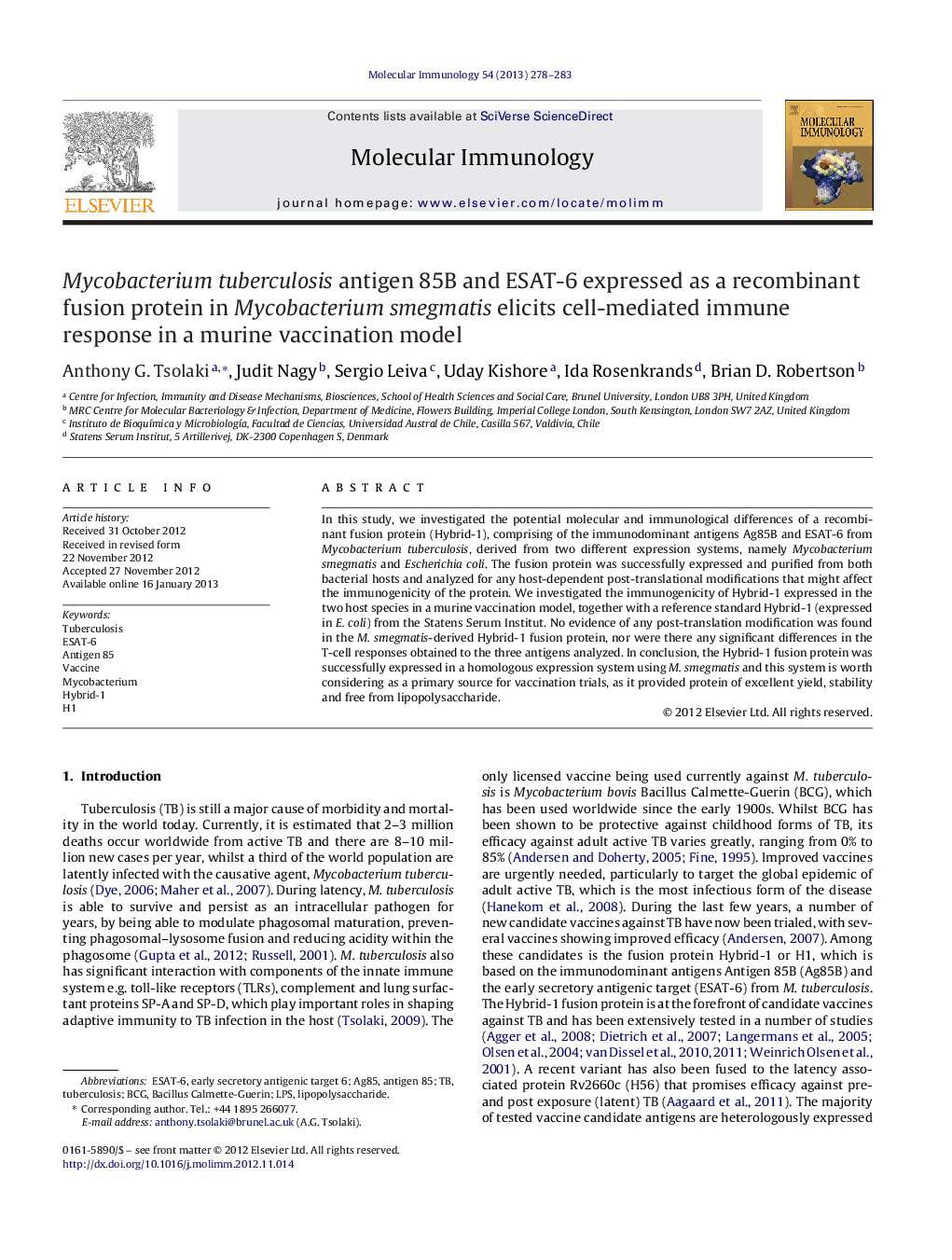 Mycobacterium tuberculosis antigen 85B and ESAT-6 expressed as a recombinant fusion protein in Mycobacterium smegmatis elicits cell-mediated immune response in a murine vaccination model