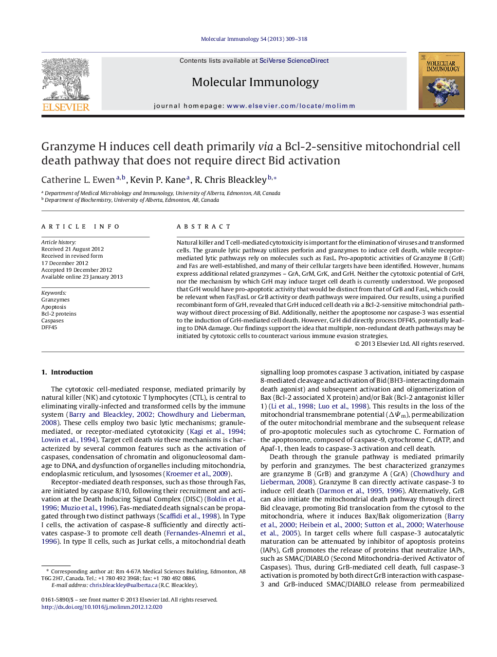 Granzyme H induces cell death primarily via a Bcl-2-sensitive mitochondrial cell death pathway that does not require direct Bid activation