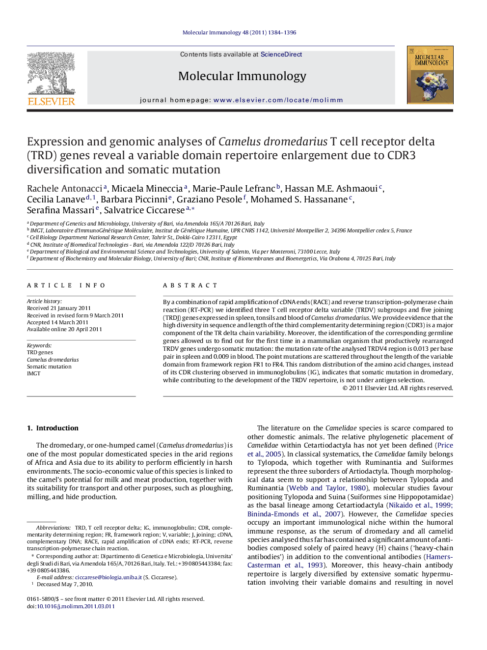 عکس صفحه اول مقاله: Expression and genomic analyses of Camelus dromedarius T cell receptor delta (TRD) genes reveal a variable domain repertoire enlargement due to CDR3 diversification and somatic mutation Expression and genomic analyses of Camelus dromedarius T cell receptor delta (TRD) genes reveal a variable domain repertoire enlargement due to CDR3 diversification and somatic mutation