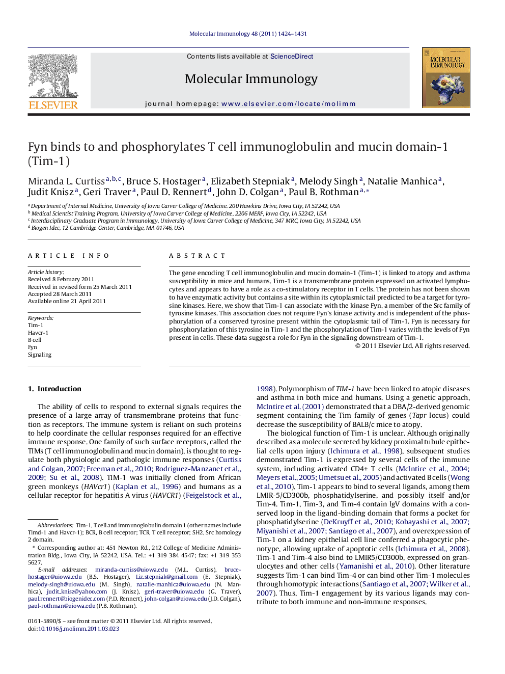 Fyn binds to and phosphorylates T cell immunoglobulin and mucin domain-1 (Tim-1)