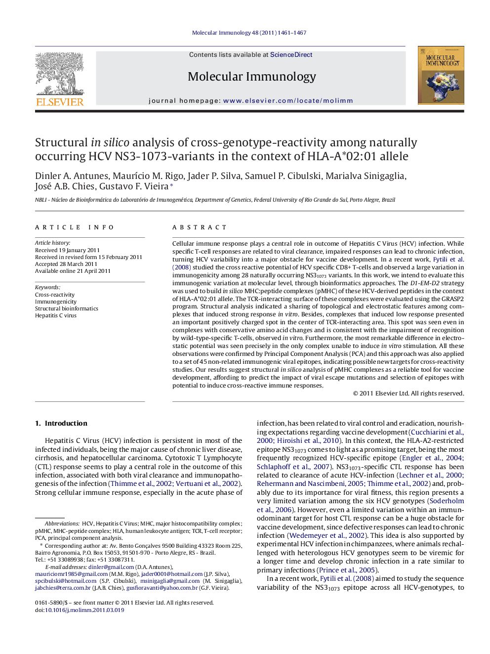 Structural in silico analysis of cross-genotype-reactivity among naturally occurring HCV NS3-1073-variants in the context of HLA-A*02:01 allele