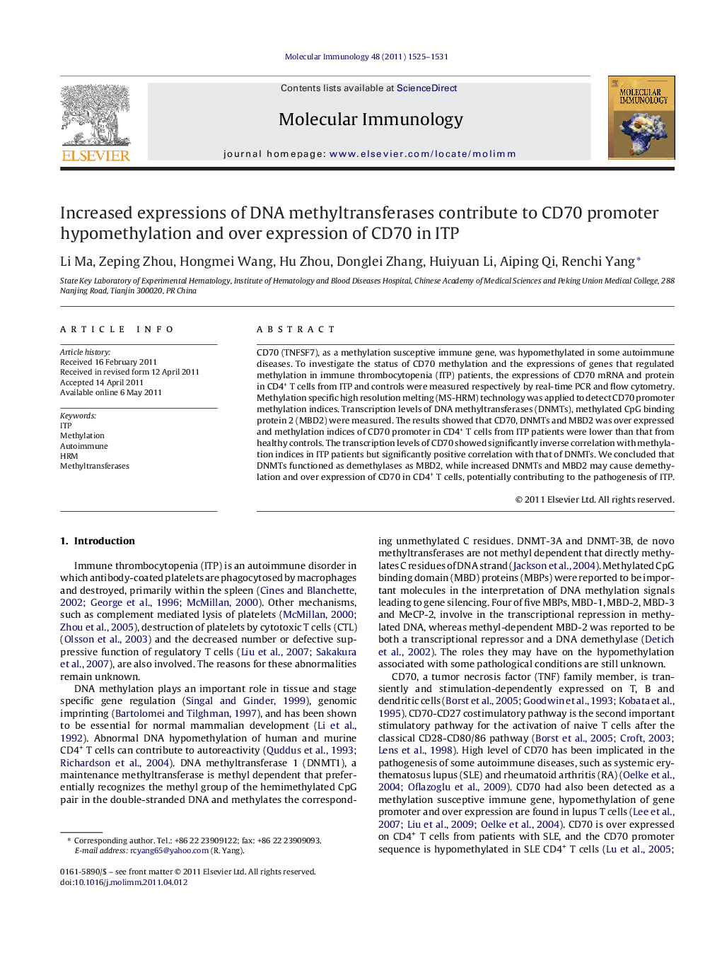 Increased expressions of DNA methyltransferases contribute to CD70 promoter hypomethylation and over expression of CD70 in ITP