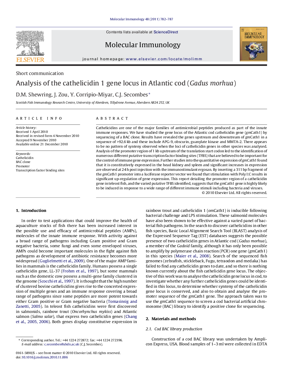 Analysis of the cathelicidin 1 gene locus in Atlantic cod (Gadus morhua)