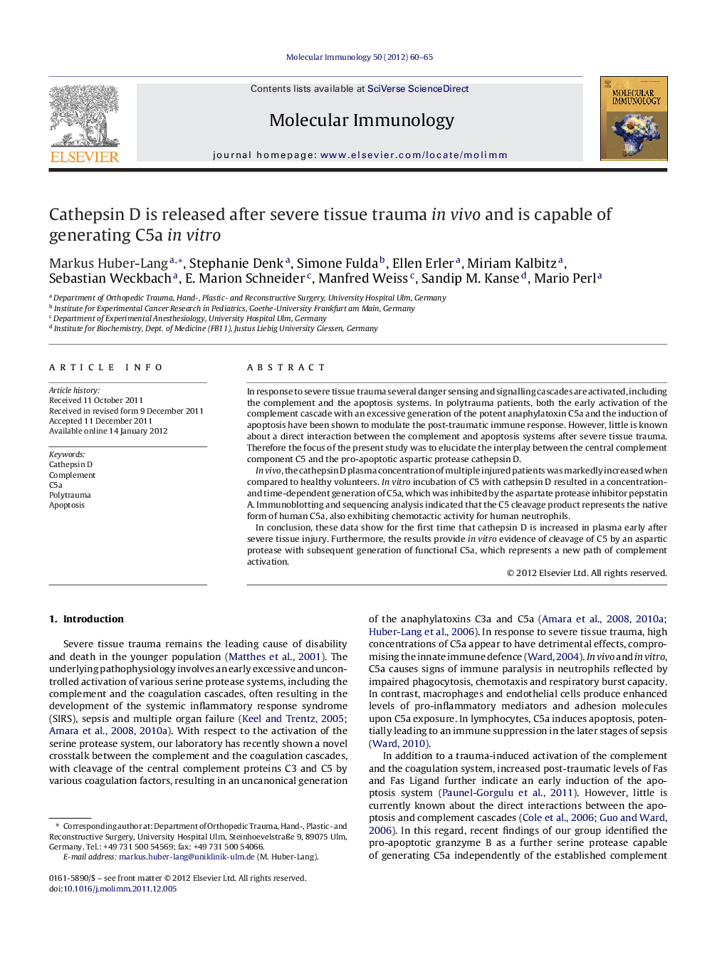 Cathepsin D is released after severe tissue trauma in vivo and is capable of generating C5a in vitro