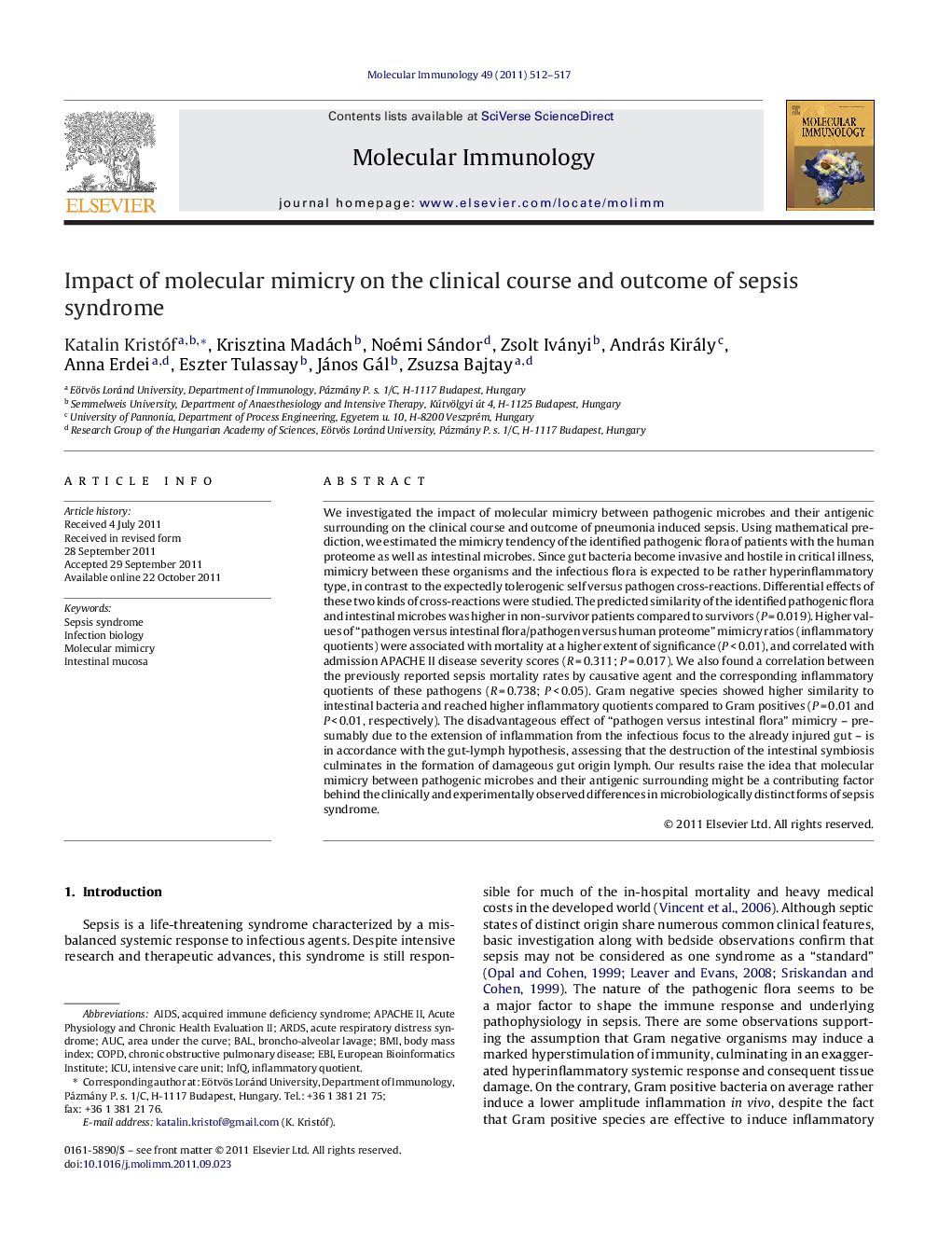 Impact of molecular mimicry on the clinical course and outcome of sepsis syndrome