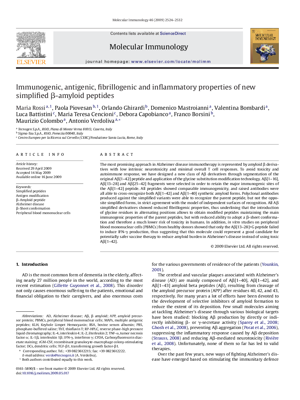 Immunogenic, antigenic, fibrillogenic and inflammatory properties of new simplified β-amyloid peptides