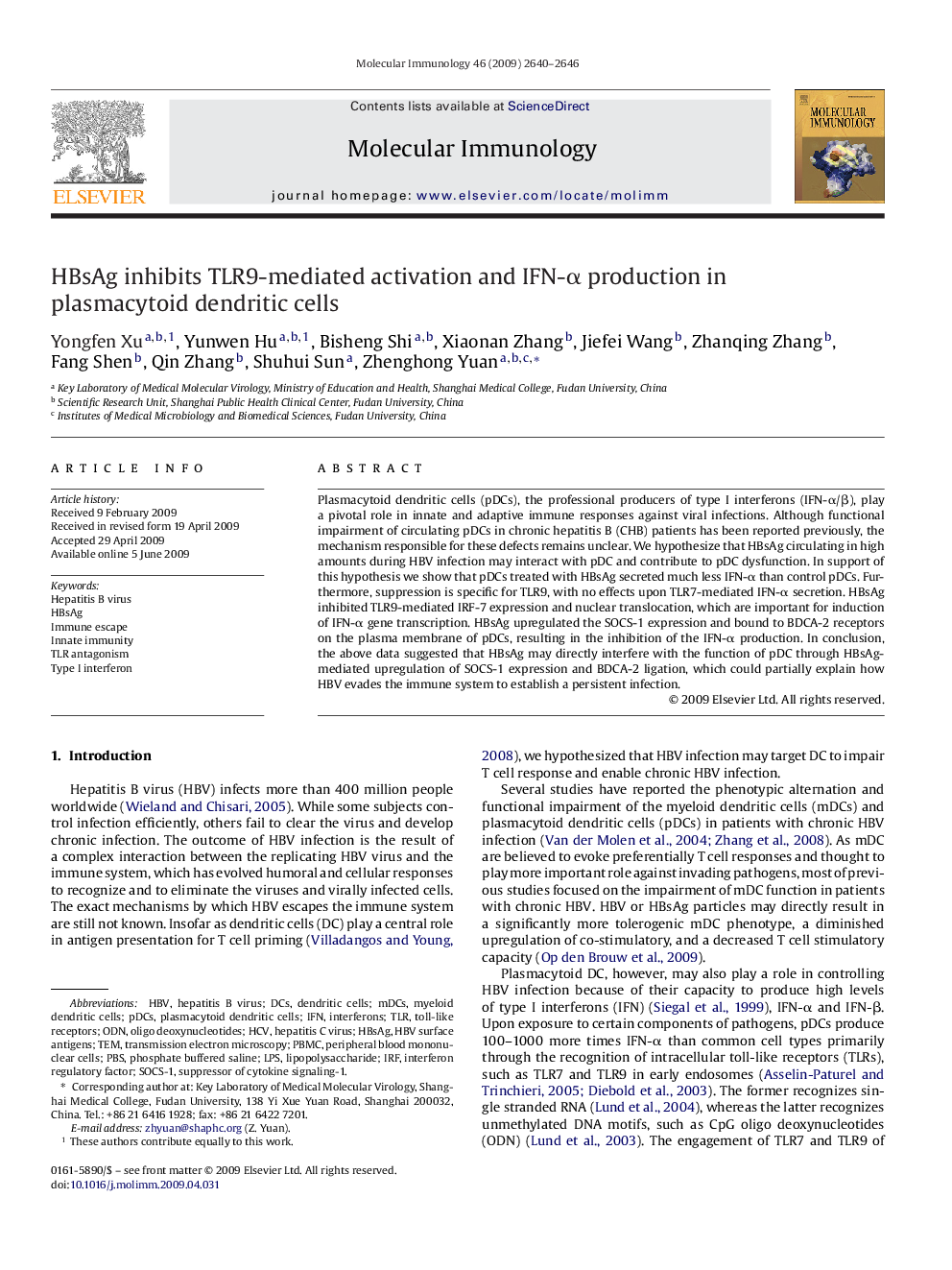 HBsAg inhibits TLR9-mediated activation and IFN-α production in plasmacytoid dendritic cells