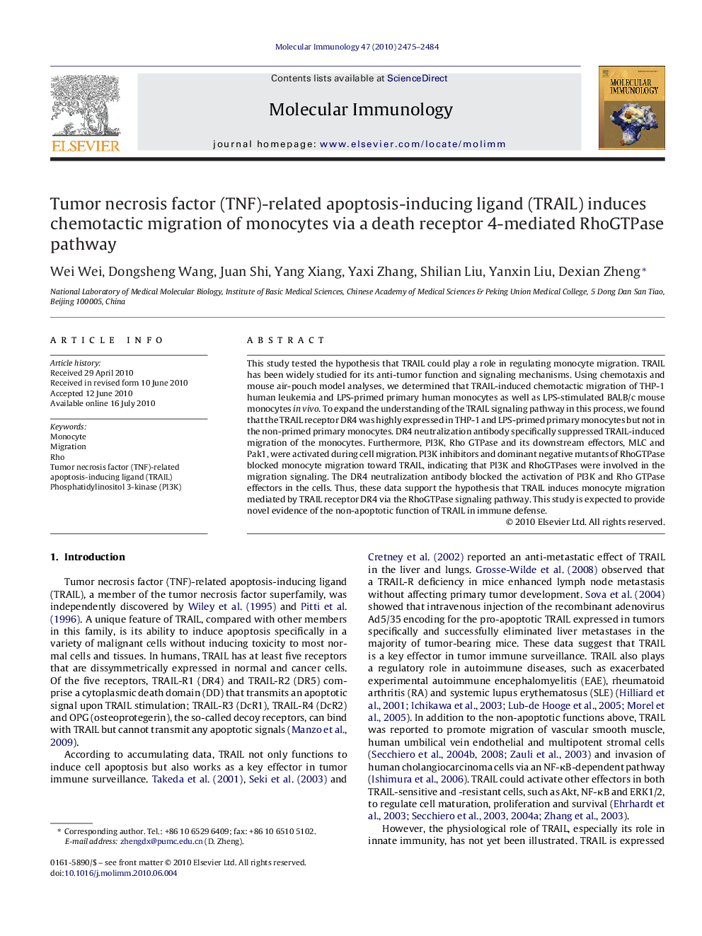 Tumor necrosis factor (TNF)-related apoptosis-inducing ligand (TRAIL) induces chemotactic migration of monocytes via a death receptor 4-mediated RhoGTPase pathway