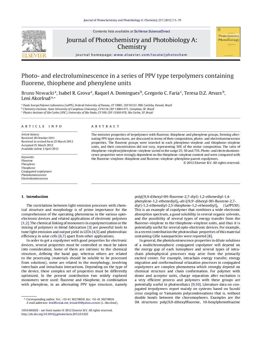 Photo- and electroluminescence in a series of PPV type terpolymers containing fluorene, thiophene and phenylene units