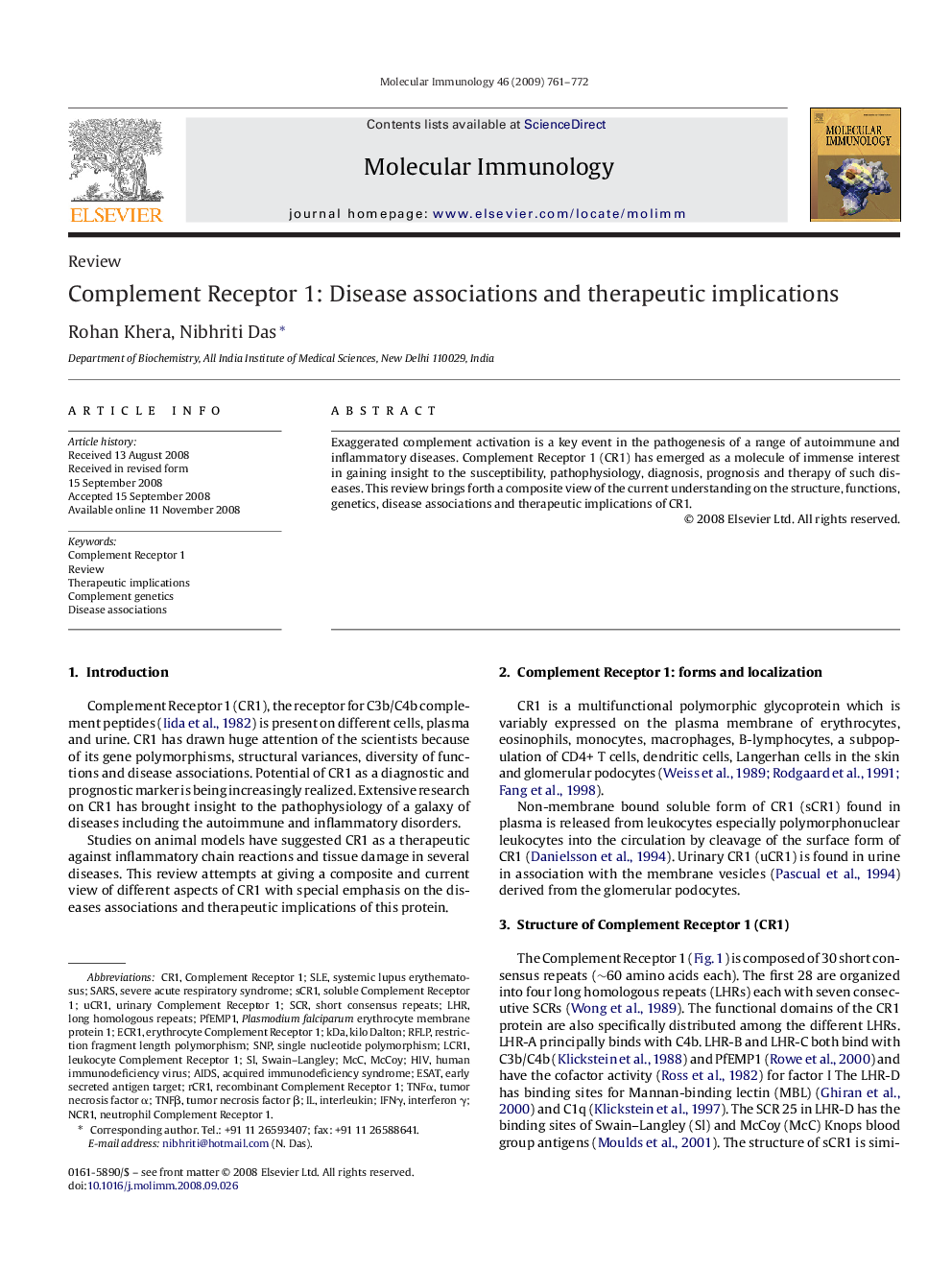 Complement Receptor 1: Disease associations and therapeutic implications