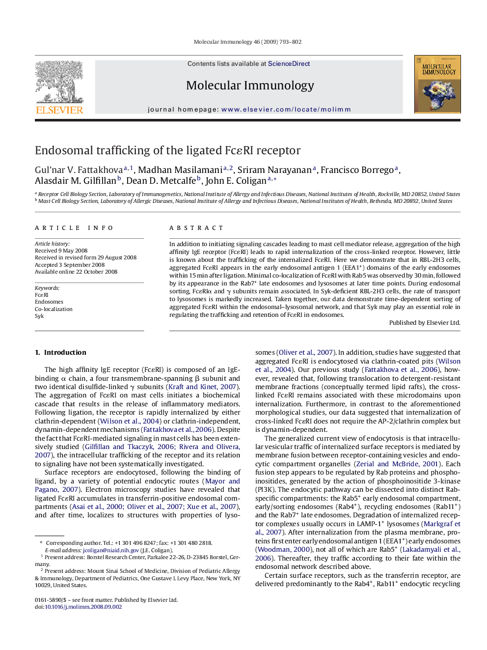 Endosomal trafficking of the ligated FcɛRI receptor