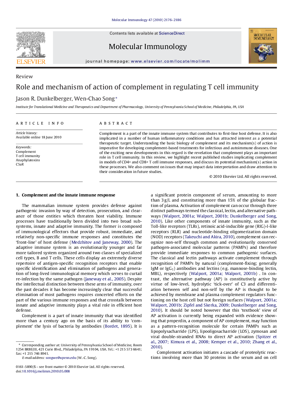 Role and mechanism of action of complement in regulating T cell immunity