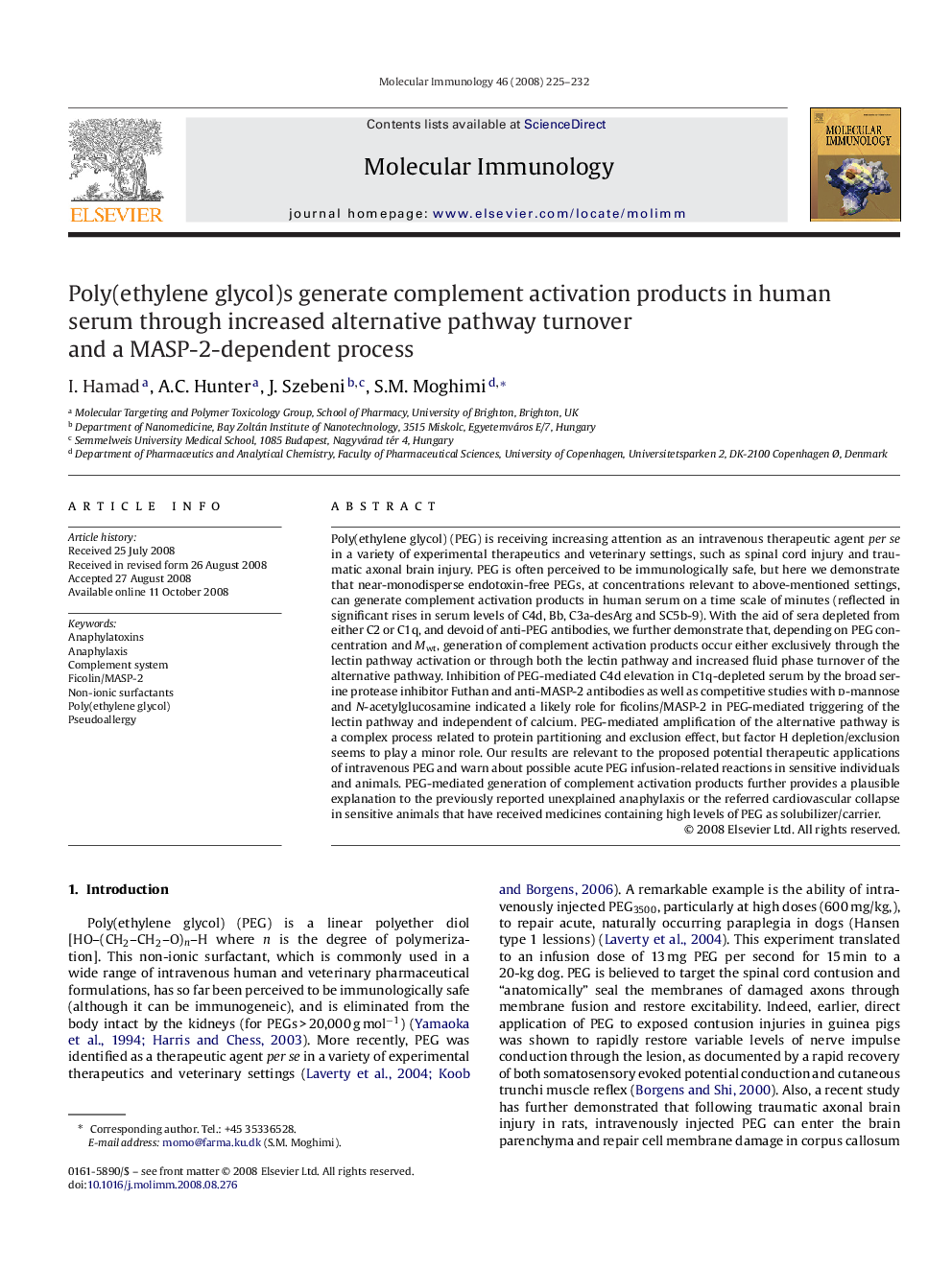 Poly(ethylene glycol)s generate complement activation products in human serum through increased alternative pathway turnover and a MASP-2-dependent process