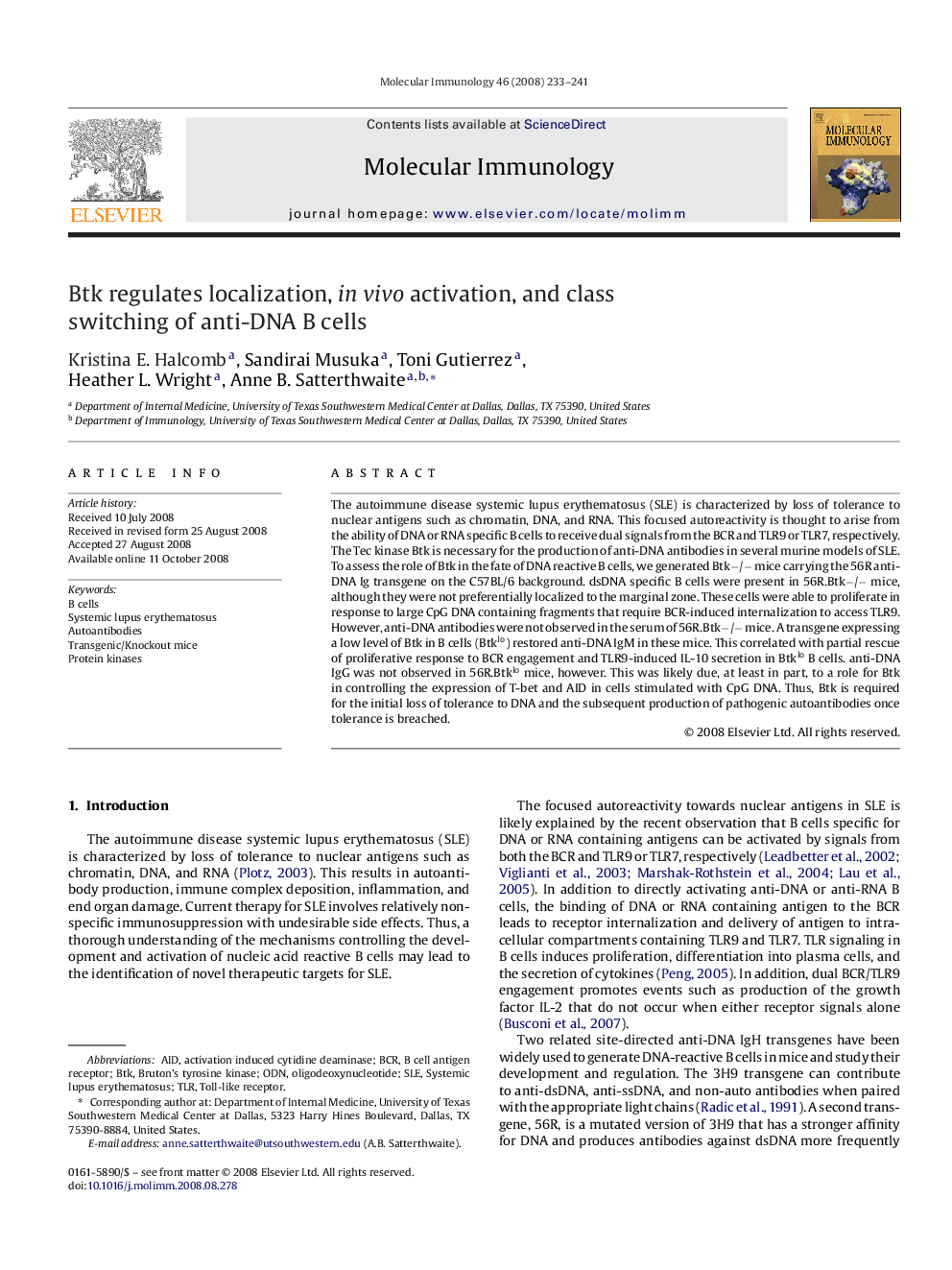 Btk regulates localization, in vivo activation, and class switching of anti-DNA B cells