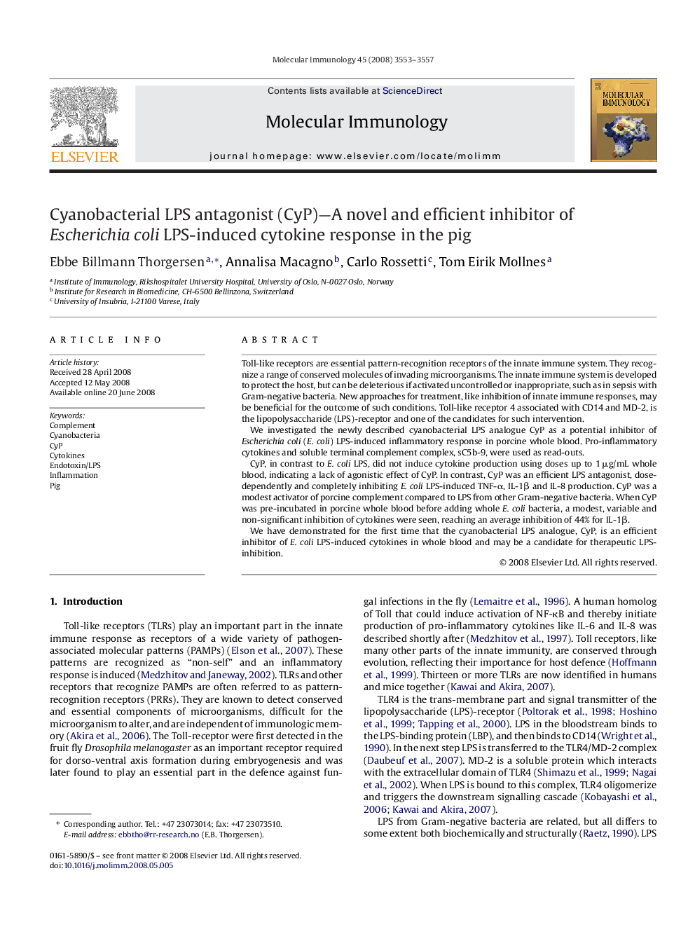 Cyanobacterial LPS antagonist (CyP)—A novel and efficient inhibitor of Escherichia coli LPS-induced cytokine response in the pig