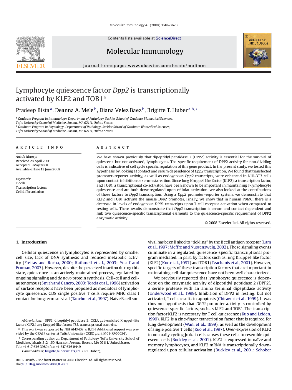 Lymphocyte quiescence factor Dpp2 is transcriptionally activated by KLF2 and TOB1 