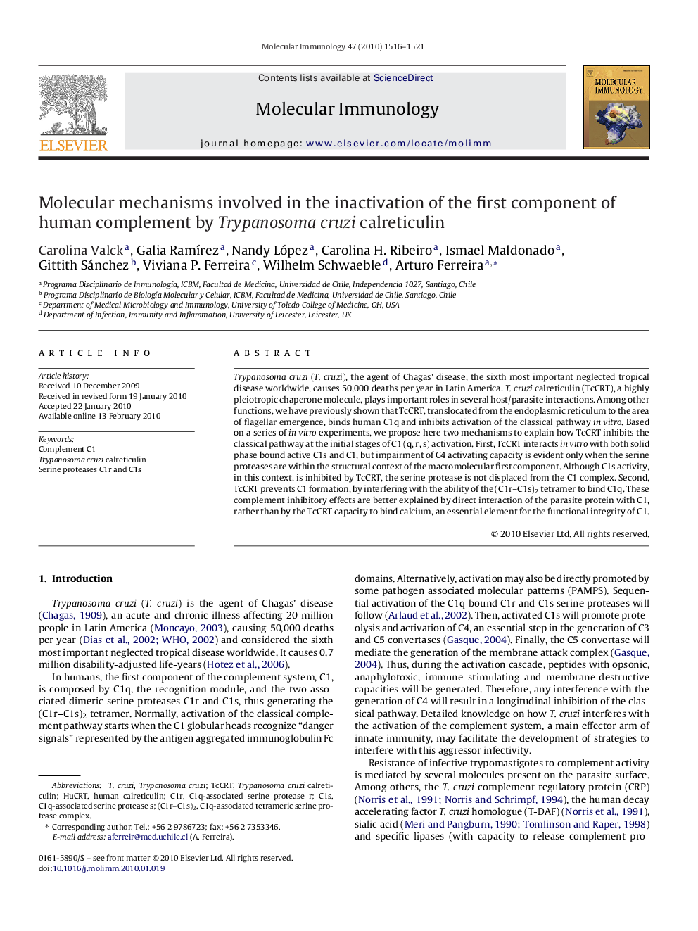 Molecular mechanisms involved in the inactivation of the first component of human complement by Trypanosoma cruzi calreticulin