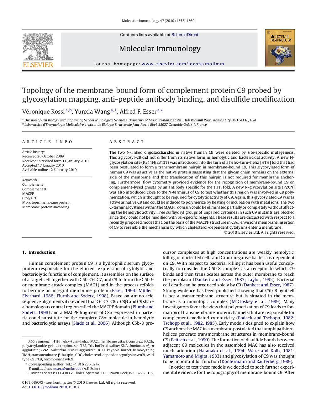 Topology of the membrane-bound form of complement protein C9 probed by glycosylation mapping, anti-peptide antibody binding, and disulfide modification