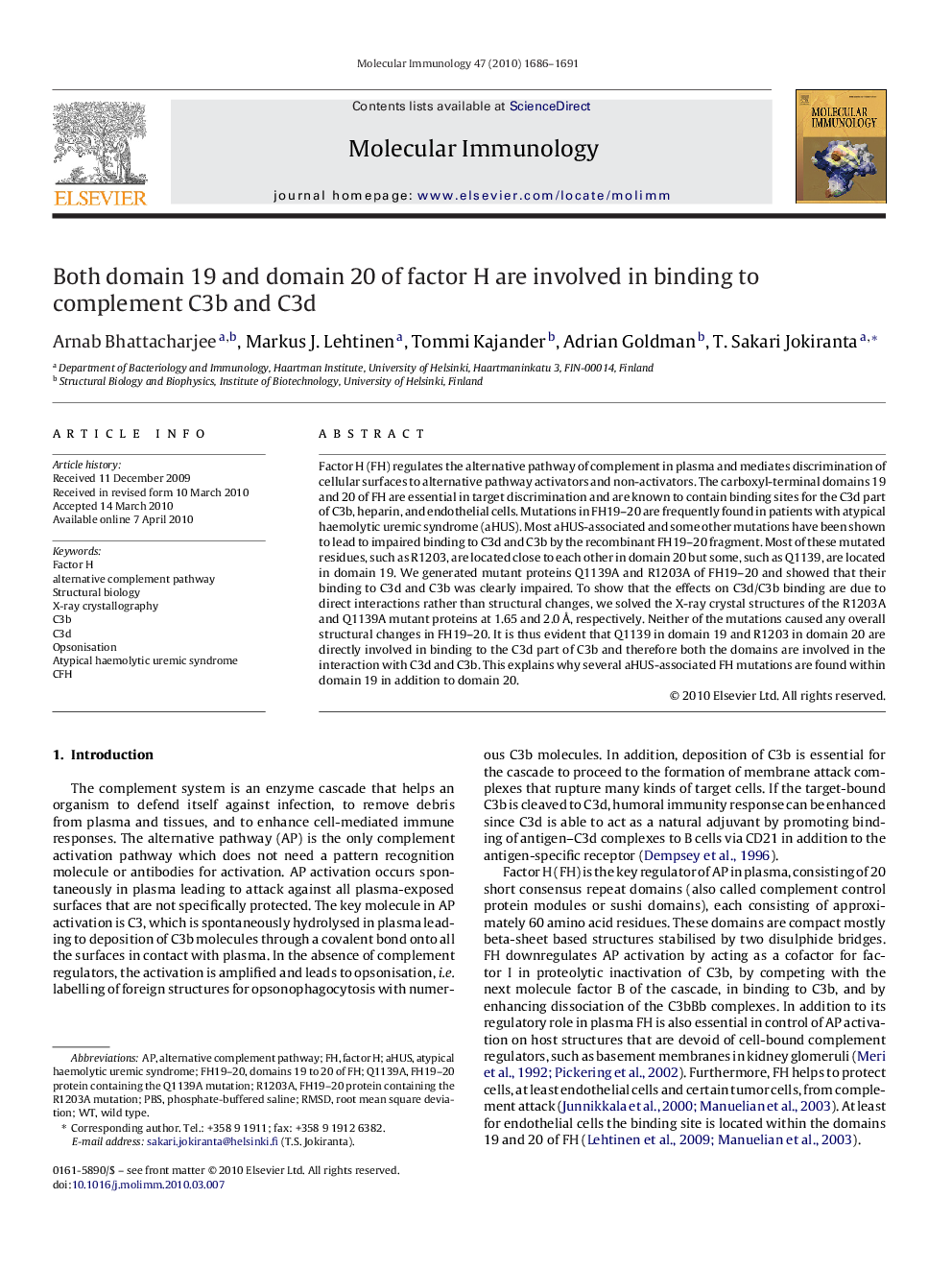 Both domain 19 and domain 20 of factor H are involved in binding to complement C3b and C3d