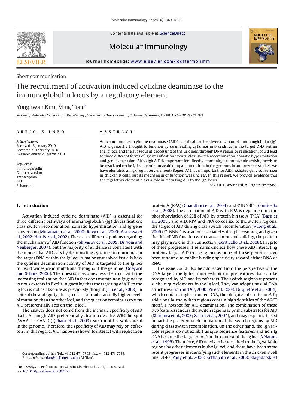 The recruitment of activation induced cytidine deaminase to the immunoglobulin locus by a regulatory element