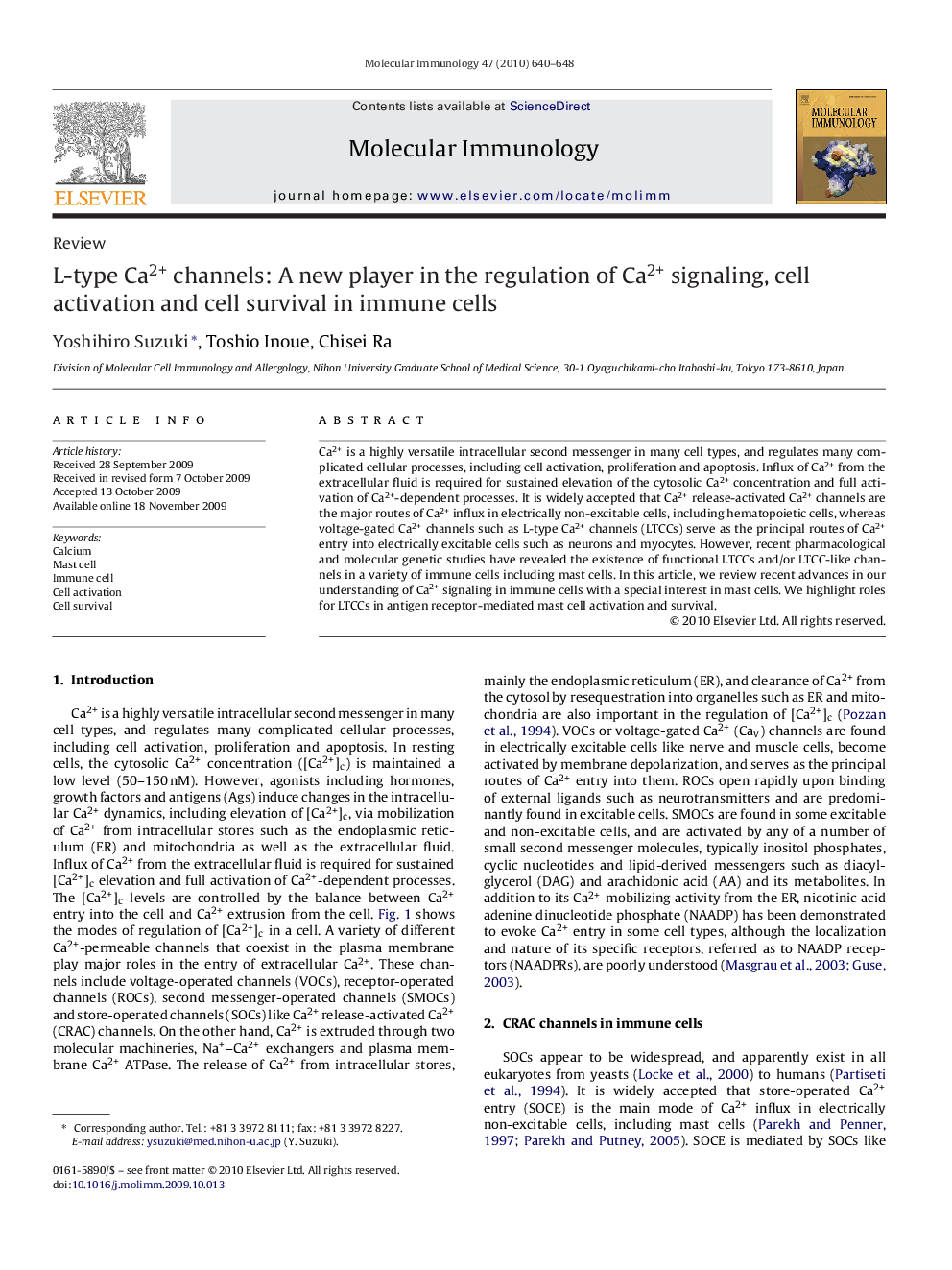 L-type Ca2+ channels: A new player in the regulation of Ca2+ signaling, cell activation and cell survival in immune cells