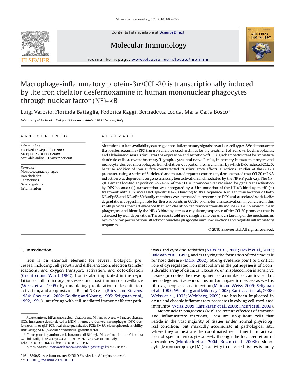 Macrophage-inflammatory protein-3α/CCL-20 is transcriptionally induced by the iron chelator desferrioxamine in human mononuclear phagocytes through nuclear factor (NF)-κB